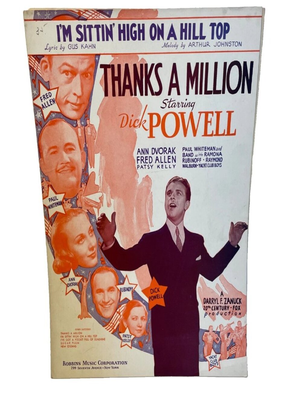 1935 I'm Sittin' High On A Hill Top Sheet Music Dick Powel Kahn Johnston Robbins